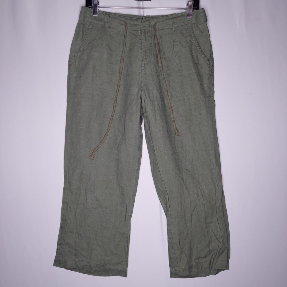 St Johns Bay Vtg Linen Crop Pants Womens 6 Green Straight Pocket Zip Drawstring